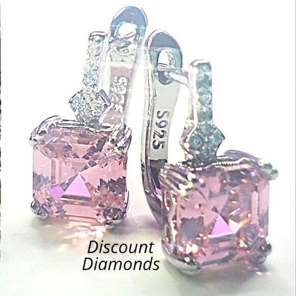 Pink Diamond and White Baguette Diamonds Leverback Earrings on 925 Silver - Picture 1 of 6